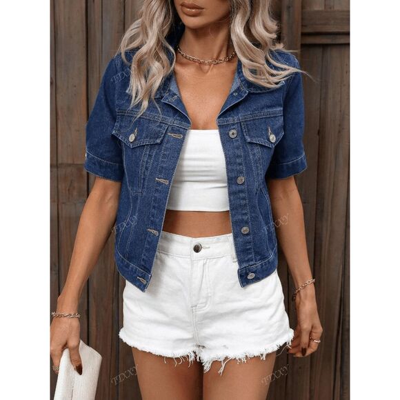 Boho Western Single-Breasted Short Sleeve Fitted Denim Jacket - Picture 3 of 6